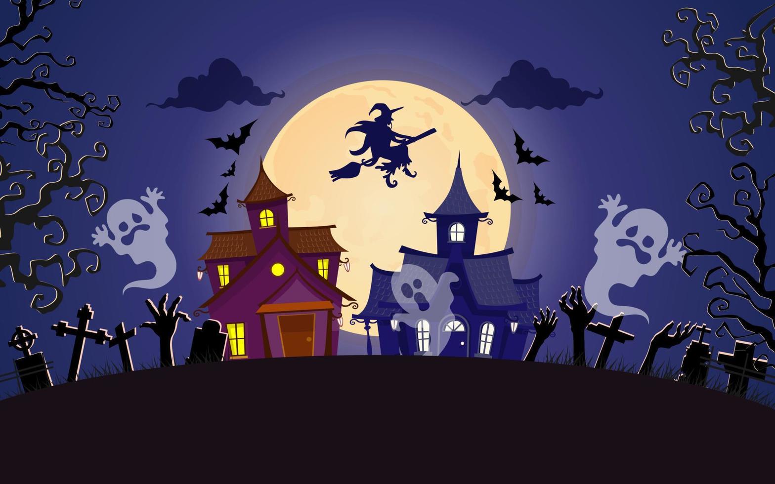 witch flies over the house. halloween background with spooky tree and ghost vector