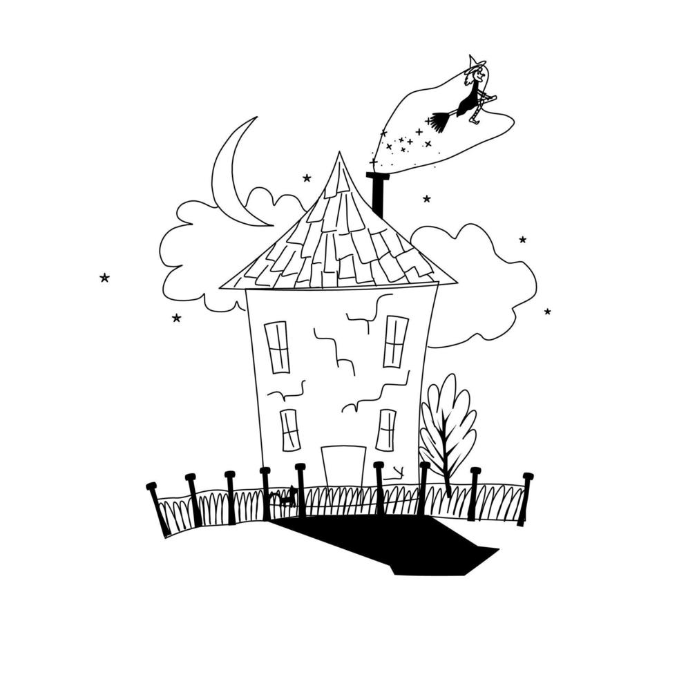 haunted house with witch and moon hand drawn in outline sketch style, childish cartoon halloween house vector