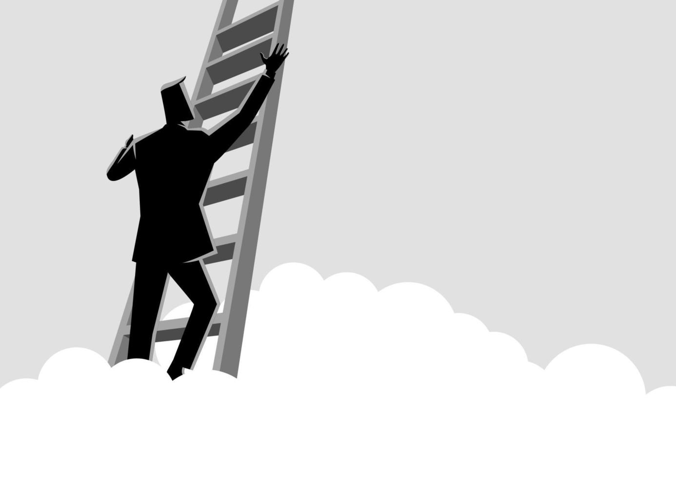 Businessman climbing a ladder above the clouds vector