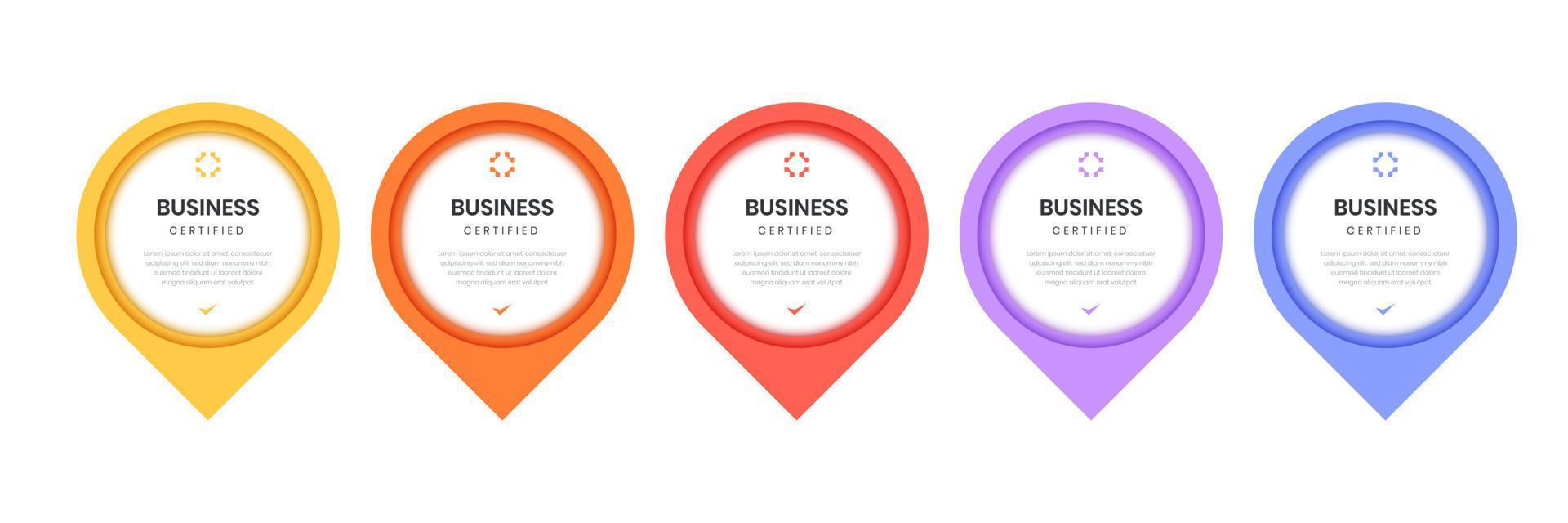 Badge Certified with modern location shape. Business certification company icon point design. Business infographic with 5 options or steps. vector