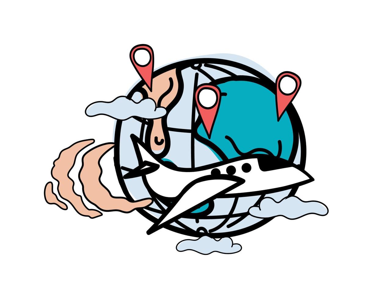 Flying airplane around the globe, hand-drawn doodle. Concept of around-the-world travels. World tourism. Isolated vector object on white background