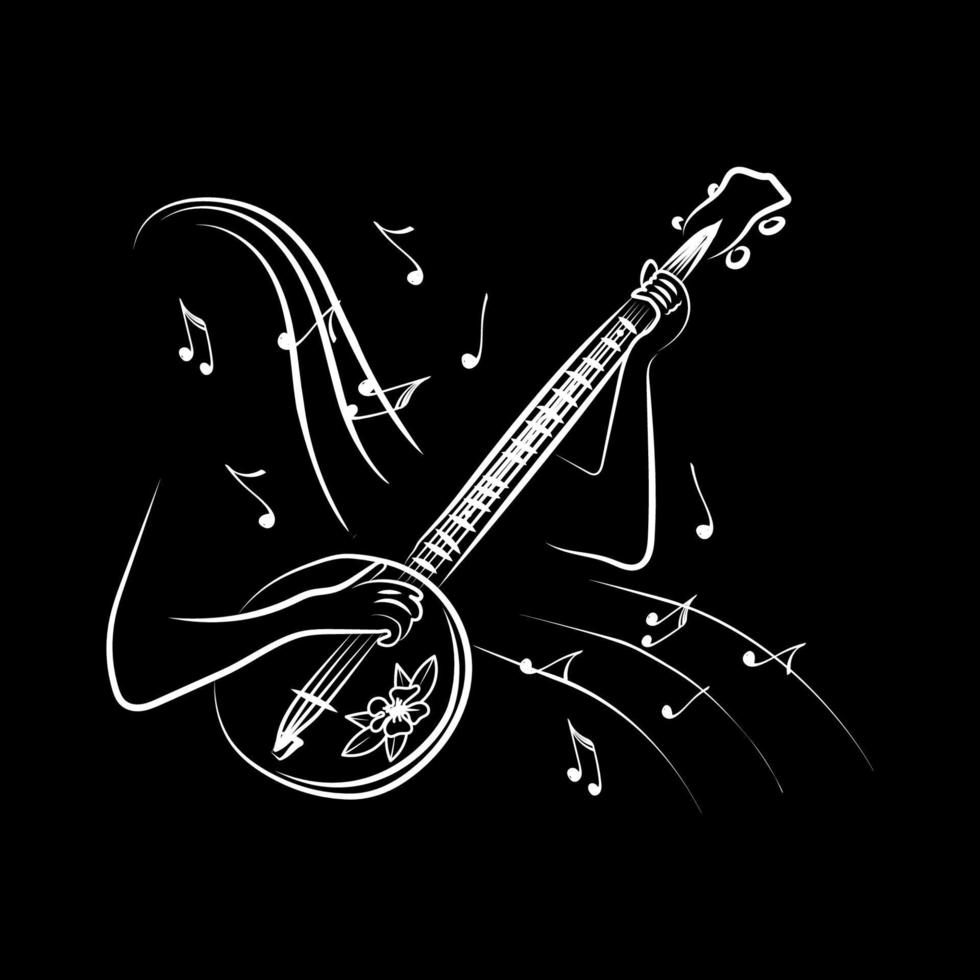 The concept of inspired banjo playing, a hand-drawn doodle. Stringed musical instrument. African culture. Flying notes. Music. Inspiration. Fingering. Illustration on a black background vector