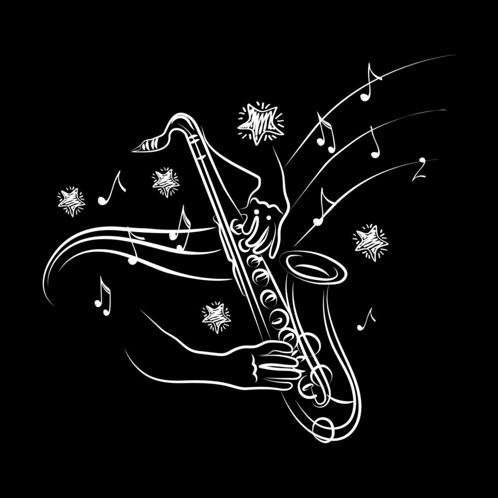 conjunto de elementos musicales para la imagen del jazz. Tocando saxofón inspirador, garabato dibujado a mano. notas voladoras y estrellas. música. inspiración. ilustración vectorial aislada vector