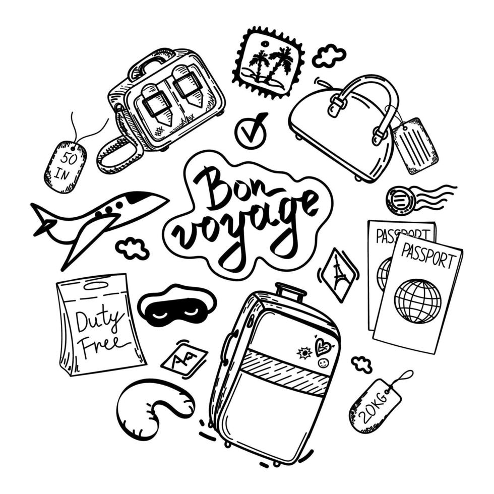 Set of objects for travel, flight, hand-drawn in sketch style. Hand-drawn inscription. Vector illustration. Large suitcase, passports, hand luggage, valise, sleep mask, bags and tags. Airplane