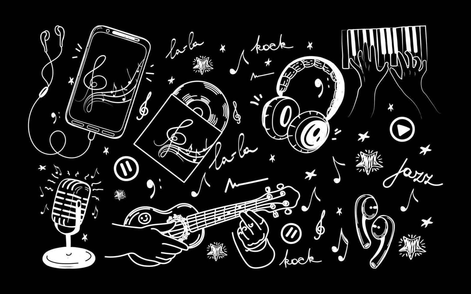 conjunto de elementos musicales dibujados a mano en estilo boceto. guitarra, piano. auriculares, micrófonos, cds, audio, vinilo, tecla de violín con notas e íconos de grabación. ilustración vectorial sobre fondo negro vector