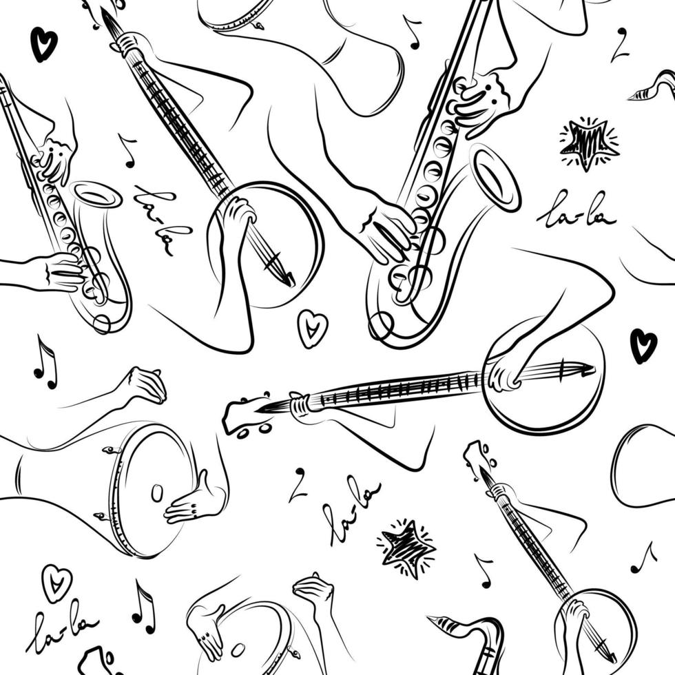 A seamless pattern of hands playing musical instruments, a hand-drawn doodle. Banjo, saxophone and African drum. Flying notes. Music. Inspiration. Fingering. Black and white background vector