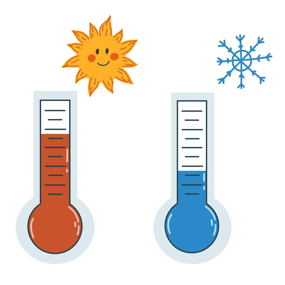 ilustración vectorial con termómetros en estilo plano aislado en blanco. íconos de clima cálido y frío, calor de verano, calentamiento global, ola de calor, heladas, caídas de temperatura. vector