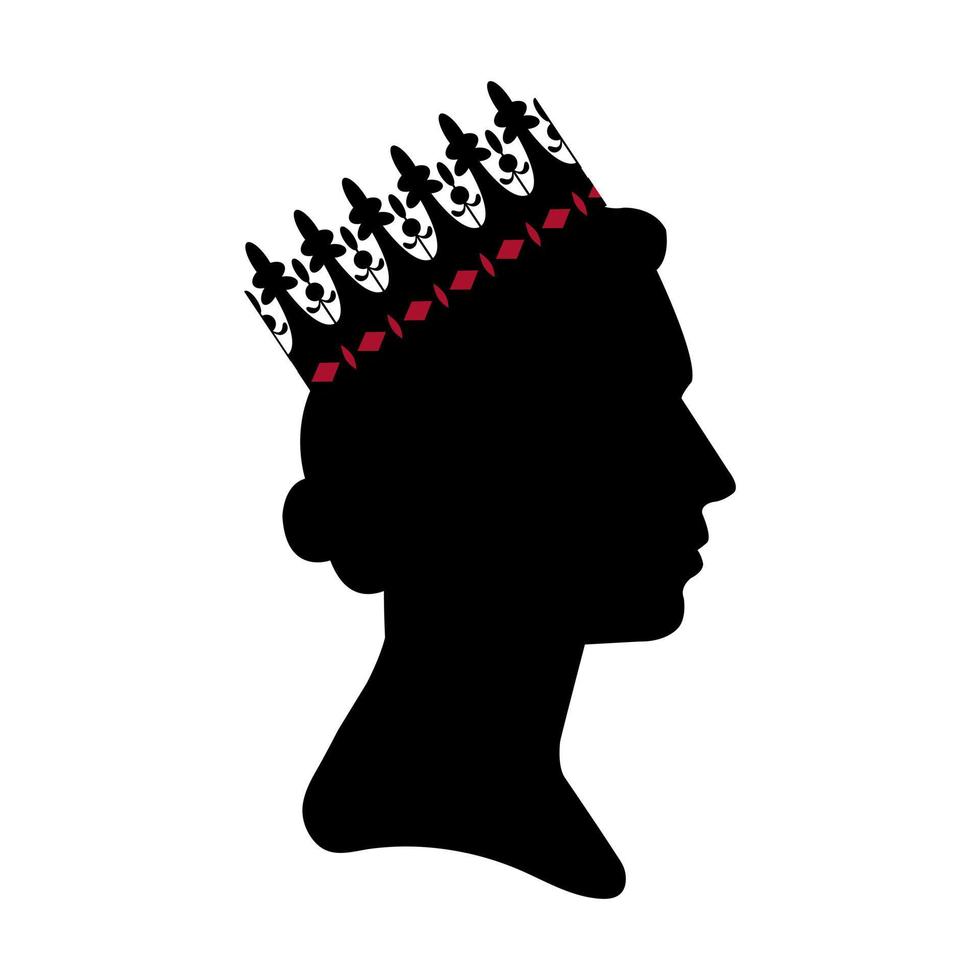 Black silhouette of Queen Elizabeth with the crown on white background. Side view of Queen of Great Britain. vector