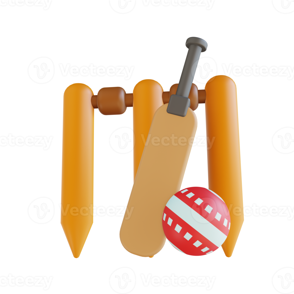 3D illustration cricket bat ball and wicket png