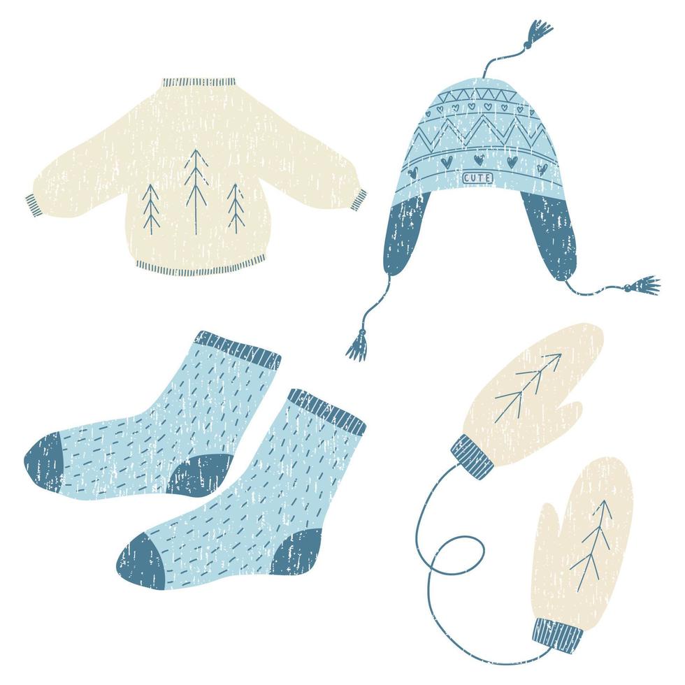 Winter knit clothes. Wool sweater, winter hat, cute knitted socks, warm mittens. Isolated Scandinavian style vector illustration