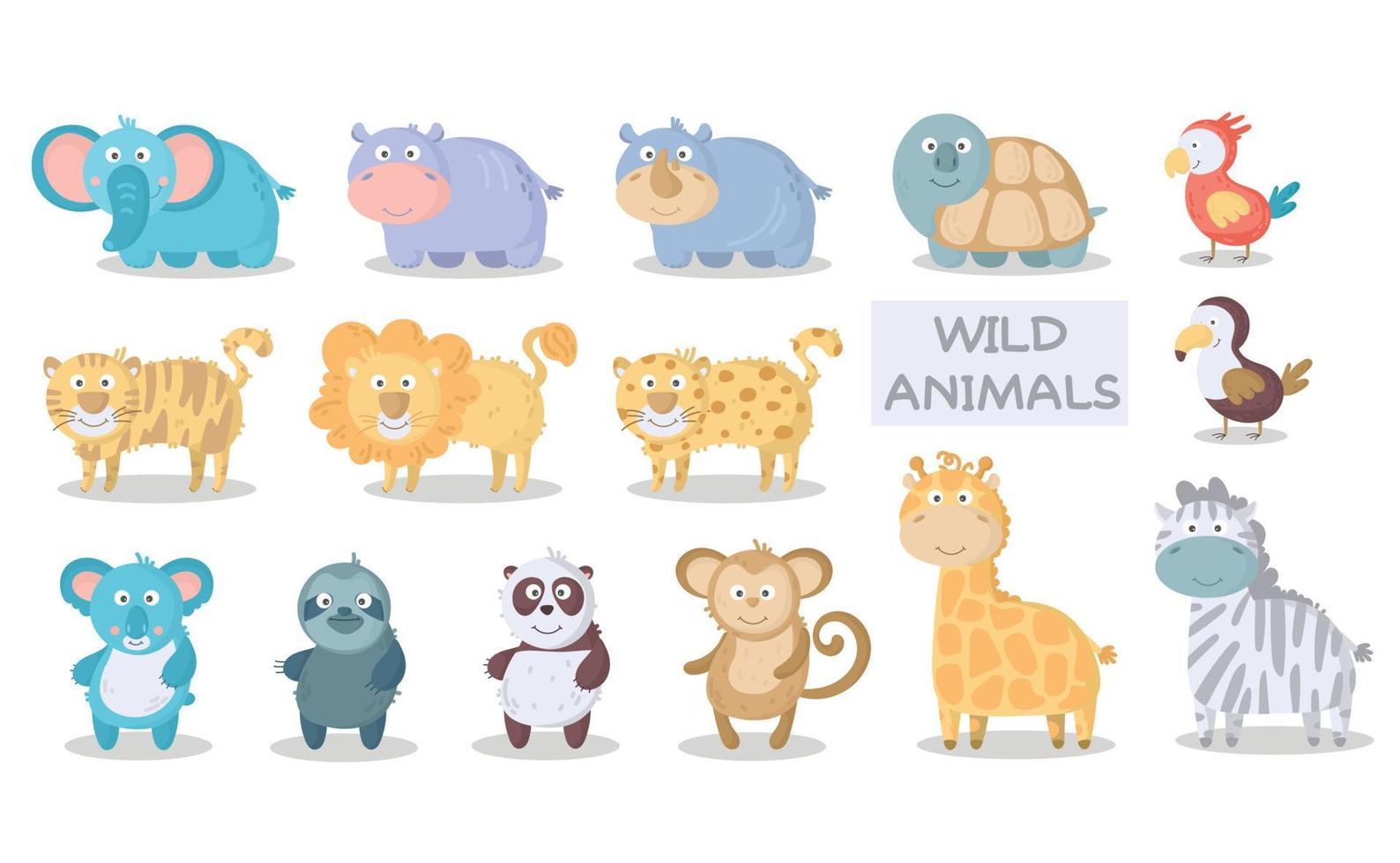 Big cute set wild safari african jungle animals. lion, giraffe, elephant, turtle, zebra, parrot, hippo, monkey, sloth, rhino, panda, tiger, panda, toucan. tropical collection doodle cartoon vector