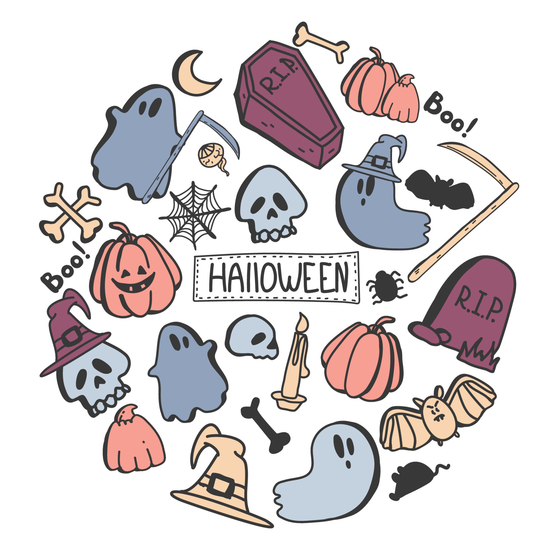 Vector set of halloween clipart. hand drawn Doodle cartoon collection set  of icon and symbols about the Halloween day. Funny, cute illustration for  design, textile, greeting card. 10842386 Vector Art at Vecteezy