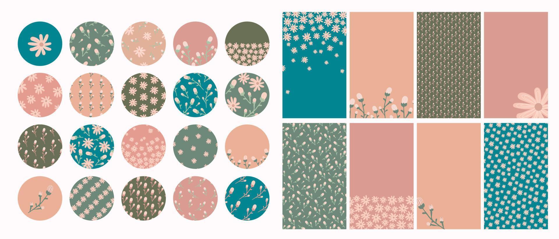 Social media stories templates. Abstract shapes and floral hand drawn elements. Vertical background template. Highlight cover set. boho vintage style vector