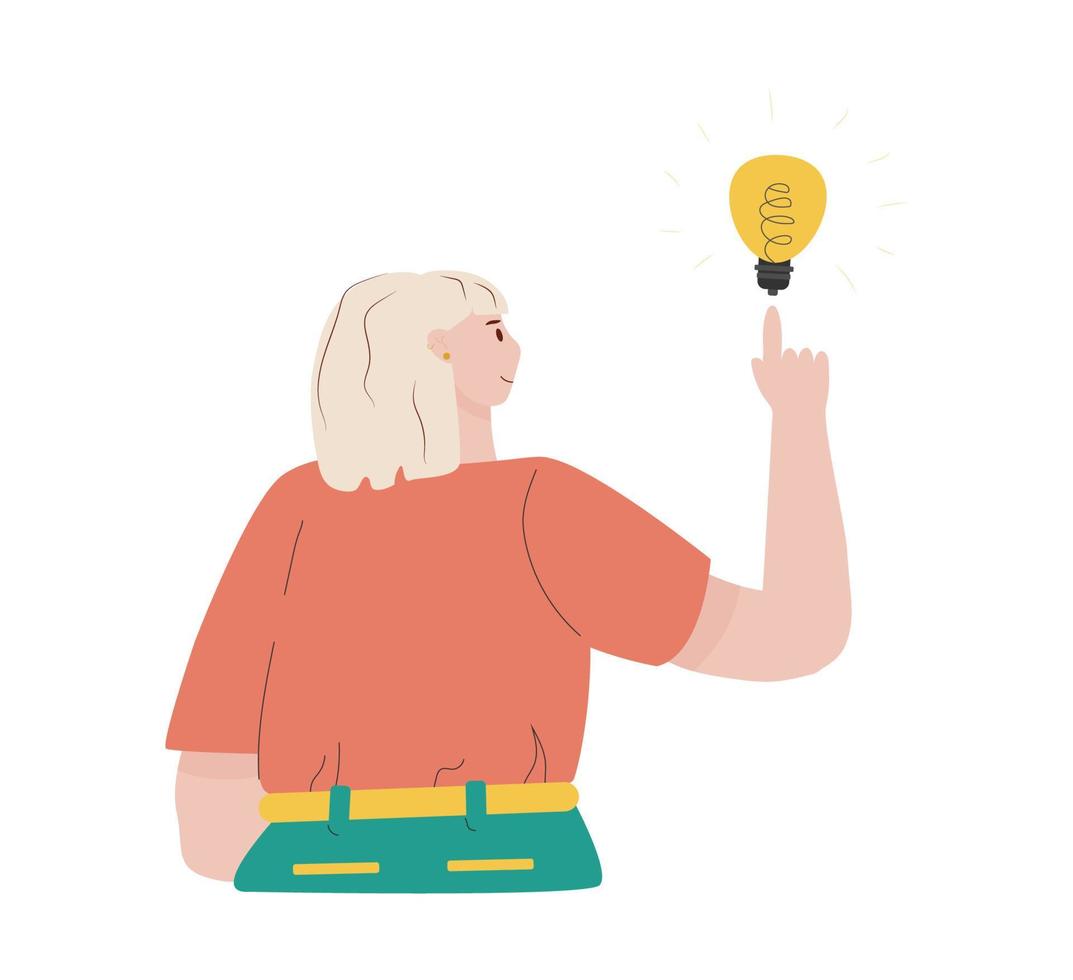 la chica de la lámpara señala con el dedo un generador de ideas. el concepto de imaginar la creatividad. un hombre es creador experimentando inspiración, inventor. publicidad de ilustración plana vectorial, diseño web vector