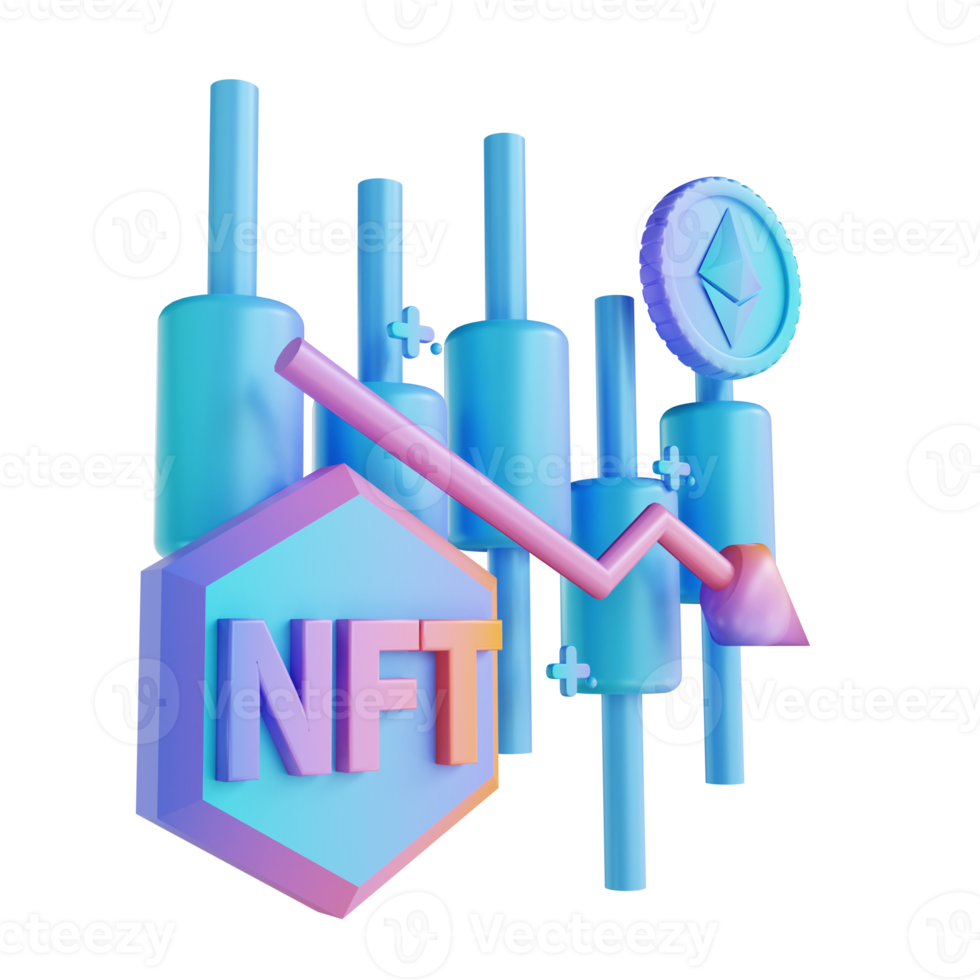 illustration 3d nft et bâton de bougie ethereum vers le bas png