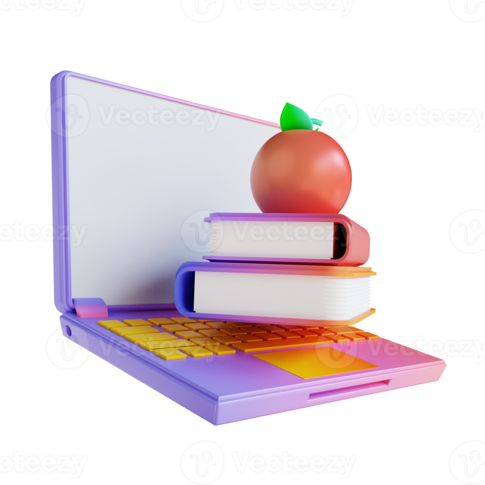 3d illustration livre coloré pomme et ordinateur portable png