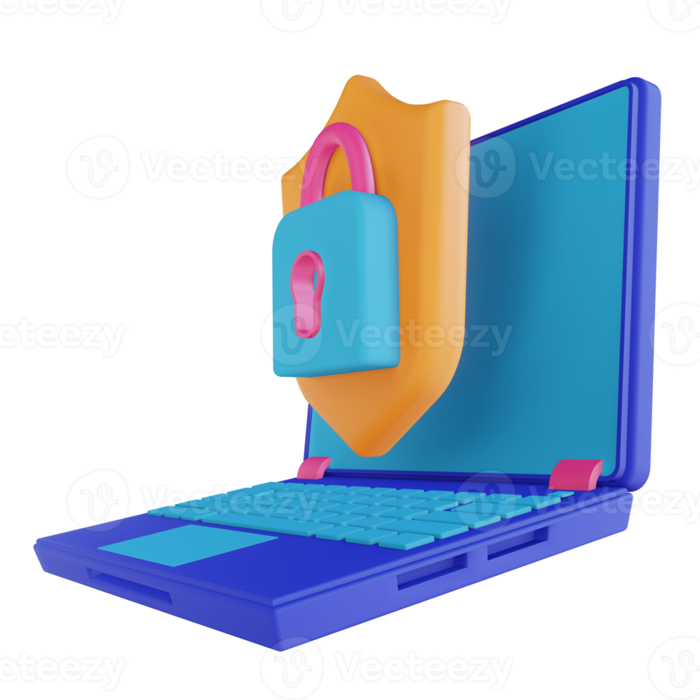 3D illustration laptop security lock png