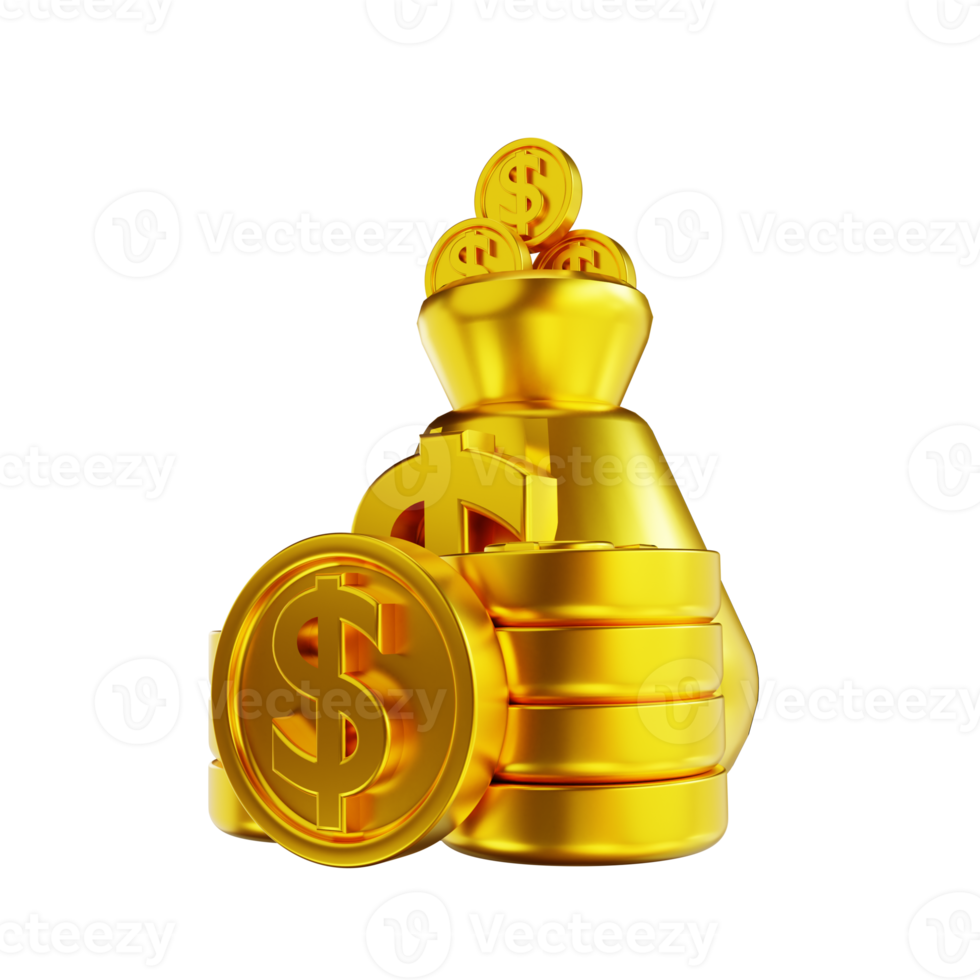 3D illustration golden coin and money bag png
