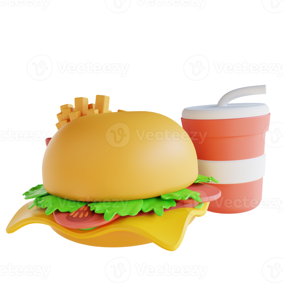 3D illustration French fries, burgers and cold drinks png