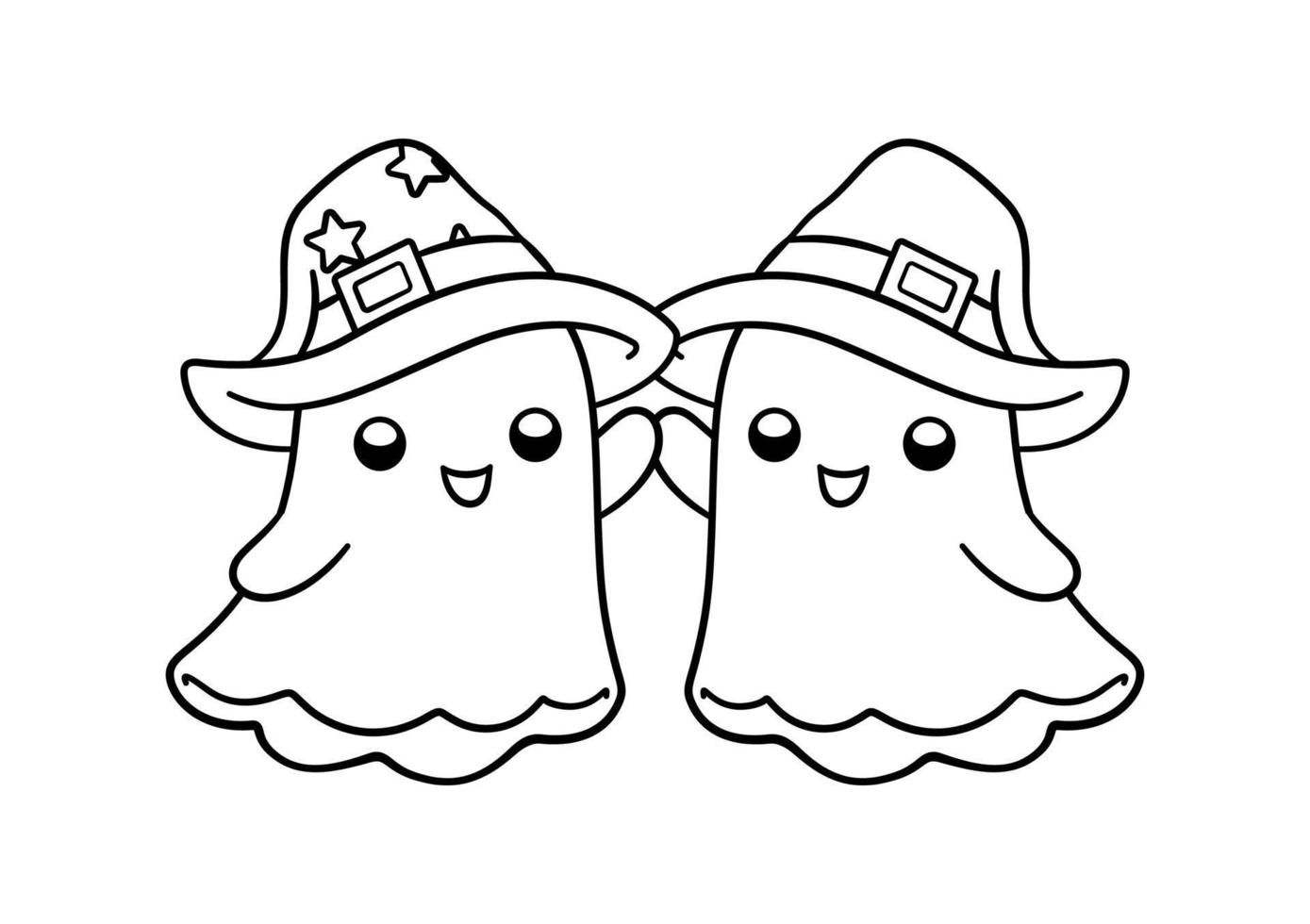 Cute ghosts wearing witch hats outline doodle cartoon illustration. Halloween coloring book page activity for kids and adults. vector