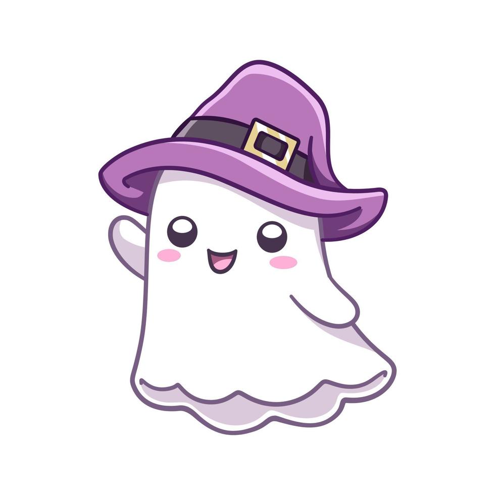 feliz fantasma kawaii saludando con un disfraz de bruja. impresión de invitación de tarjeta de fiesta de disfraces de halloween, impresión de pantalones o producto, diseño de pegatinas vector