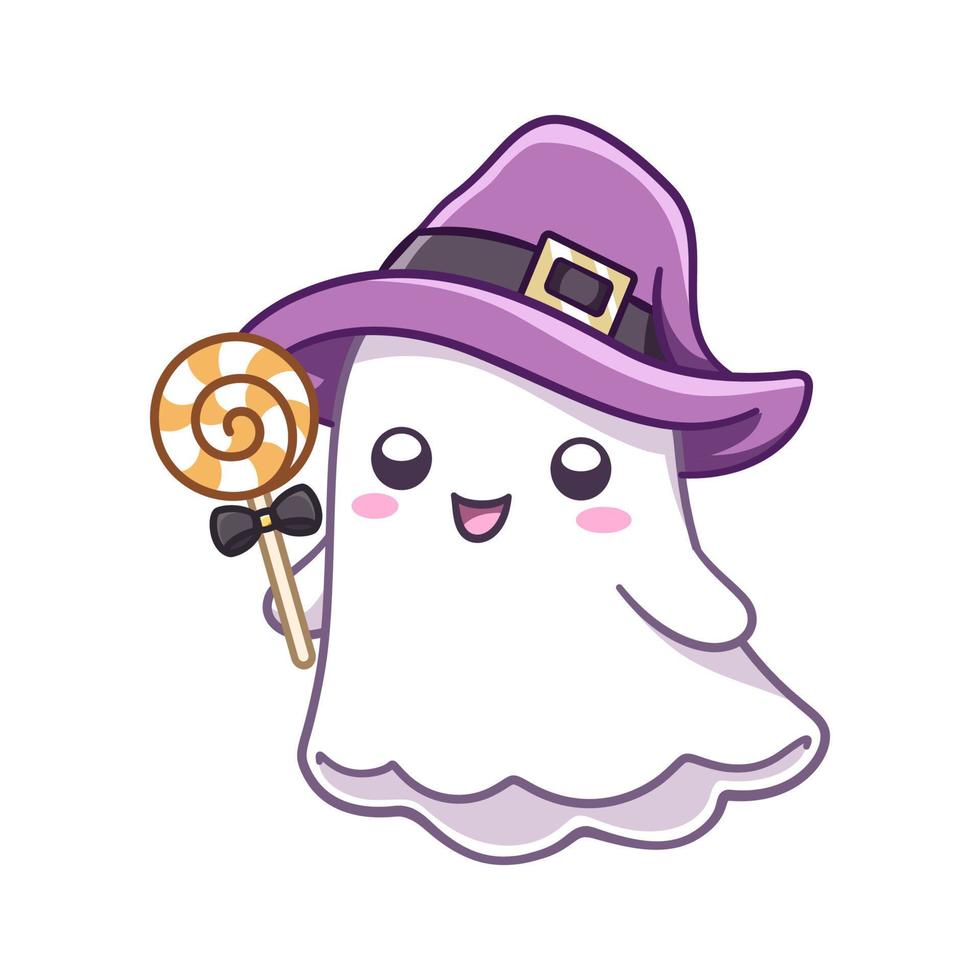 Cute ghost wearing witch hat costume holding candy vector illustration clipart. Halloween trick or treat party card invitation print, shirt or product print, sticker design