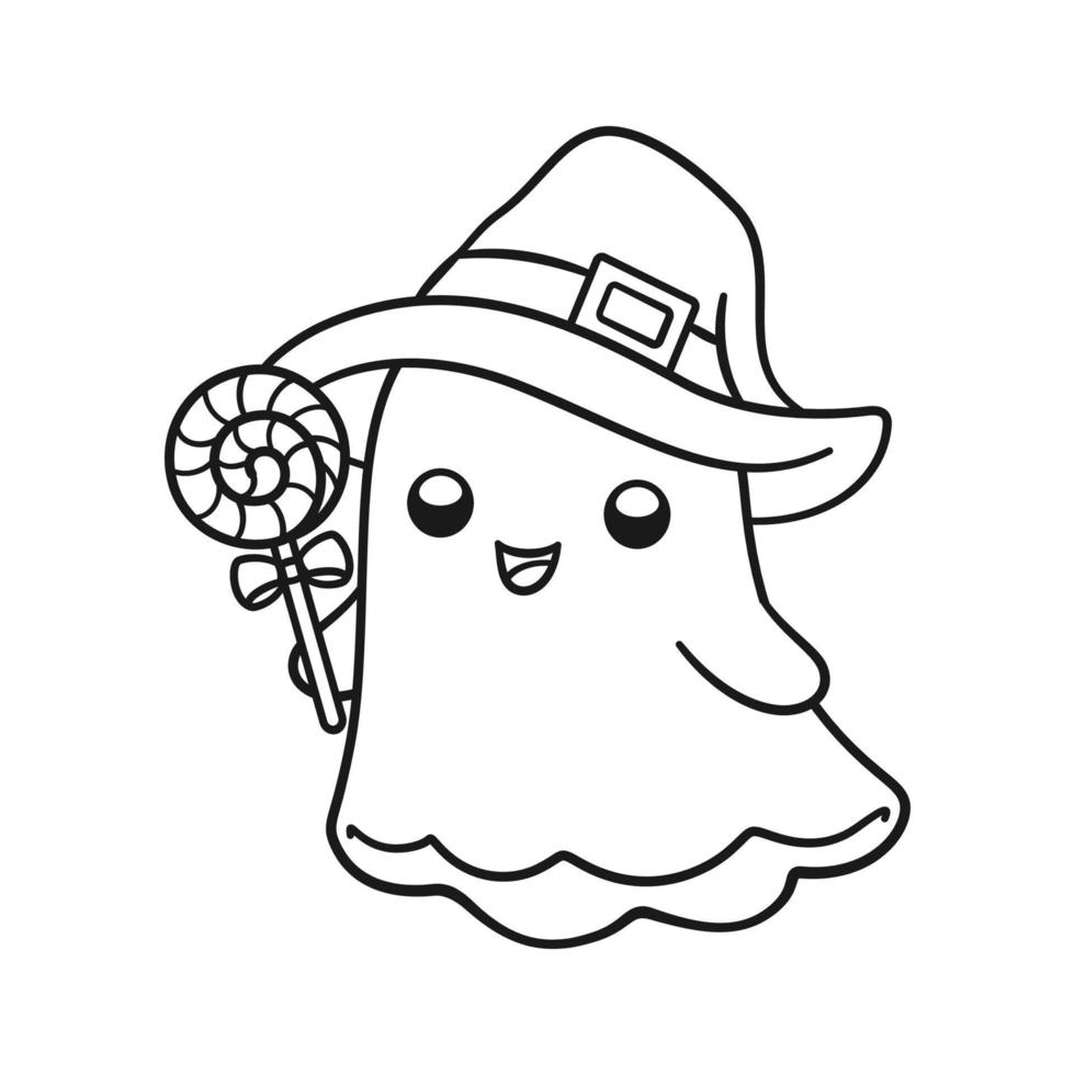 Cute ghost wearing witch hat holding candy outline doodle cartoon illustration. Halloween, trick or treat coloring book page activity for kids and adults. vector