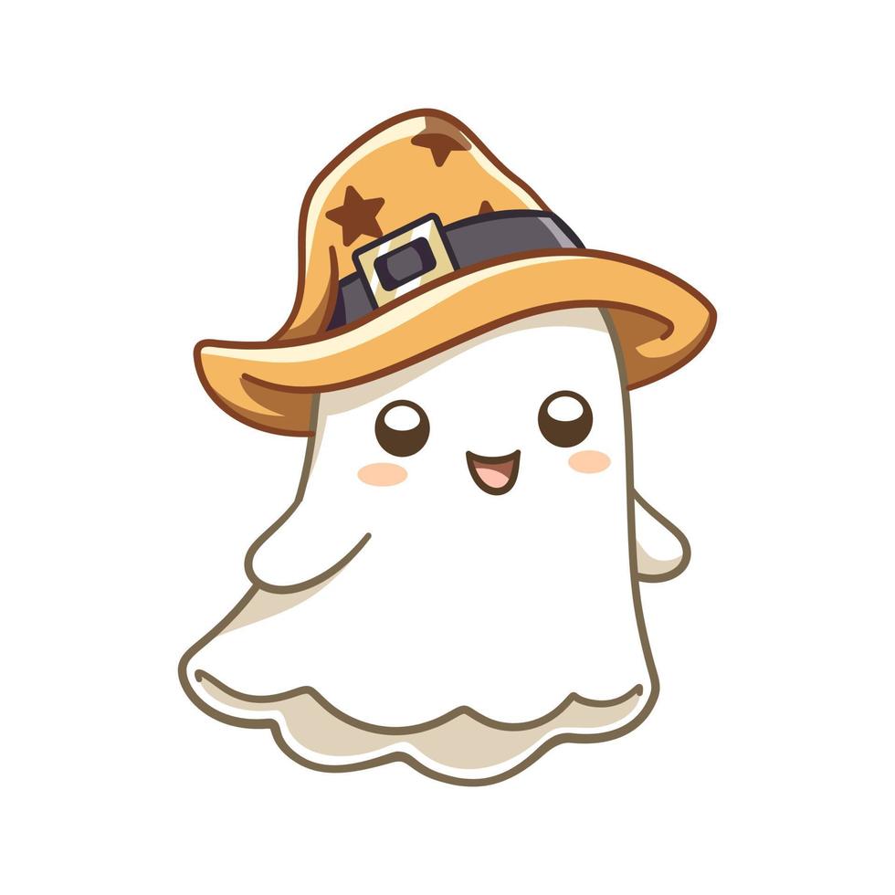 lindo fantasma con sombrero de bruja traje vector ilustración clipart. impresión de invitación de tarjeta de fiesta de truco o trato de halloween, impresión de camisa o producto, diseño de pegatinas