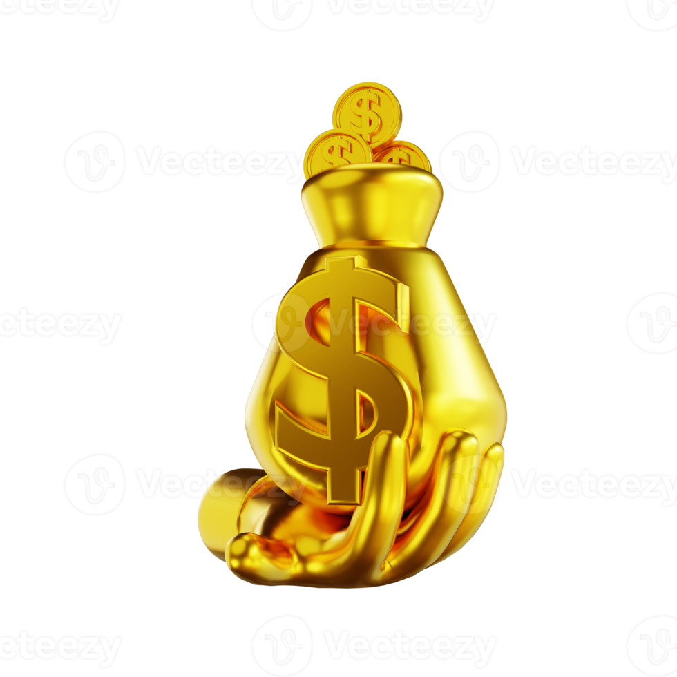 3D illustration golden hand and money bag png