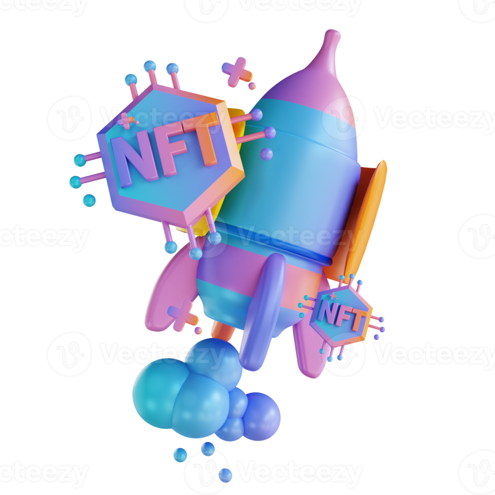 3D illustration NFT rocket launch png