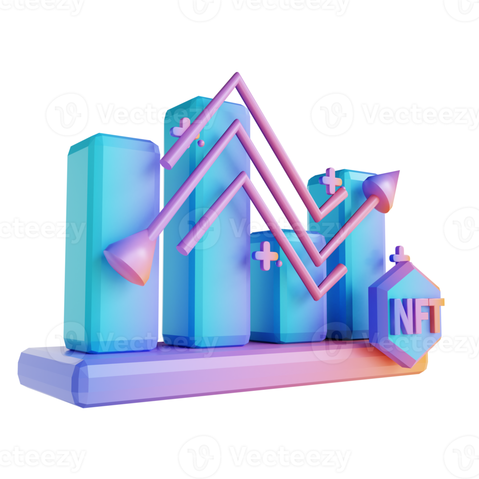 3d illustratie van stijgende lijn nft kubus diagram png