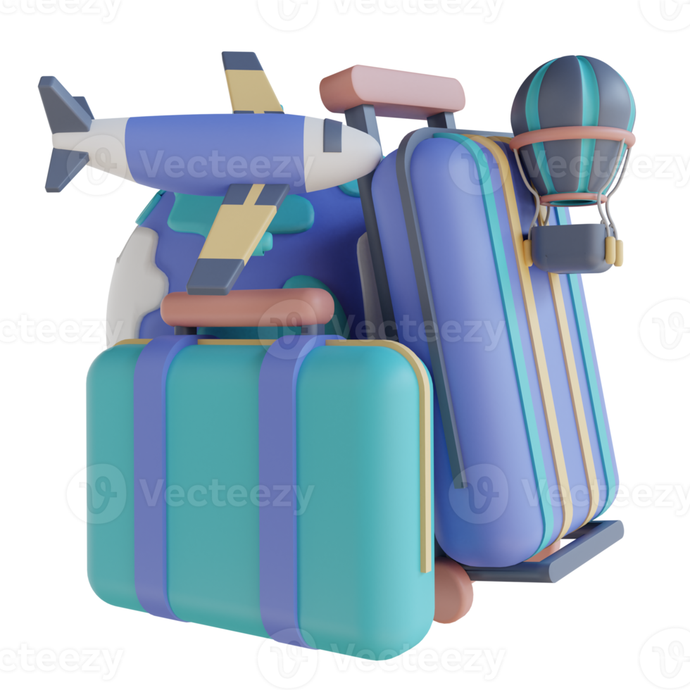 3D illustration suitcases, planes and hot air balloons png