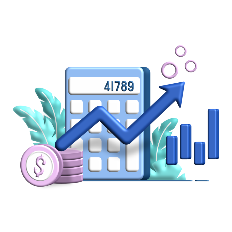 inflation calculator 3D flat Illustration for business finance chart percent coin dollar bill perfect for ui ux design, web app, branding projects, advertisement, social media post png