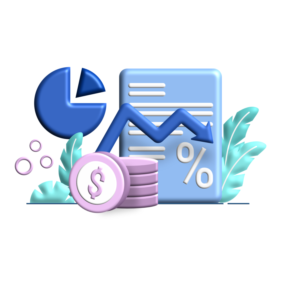 relatório de inflação 3d ilustração plana para gráfico de finanças de negócios por cento moeda nota de dólar perfeita para ui ux design, aplicativo web, projetos de marca, anúncio, postagem de mídia social png