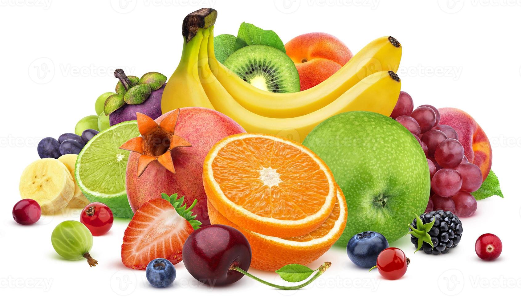 Fruits and berries assortment isolated on white background with clipping path photo