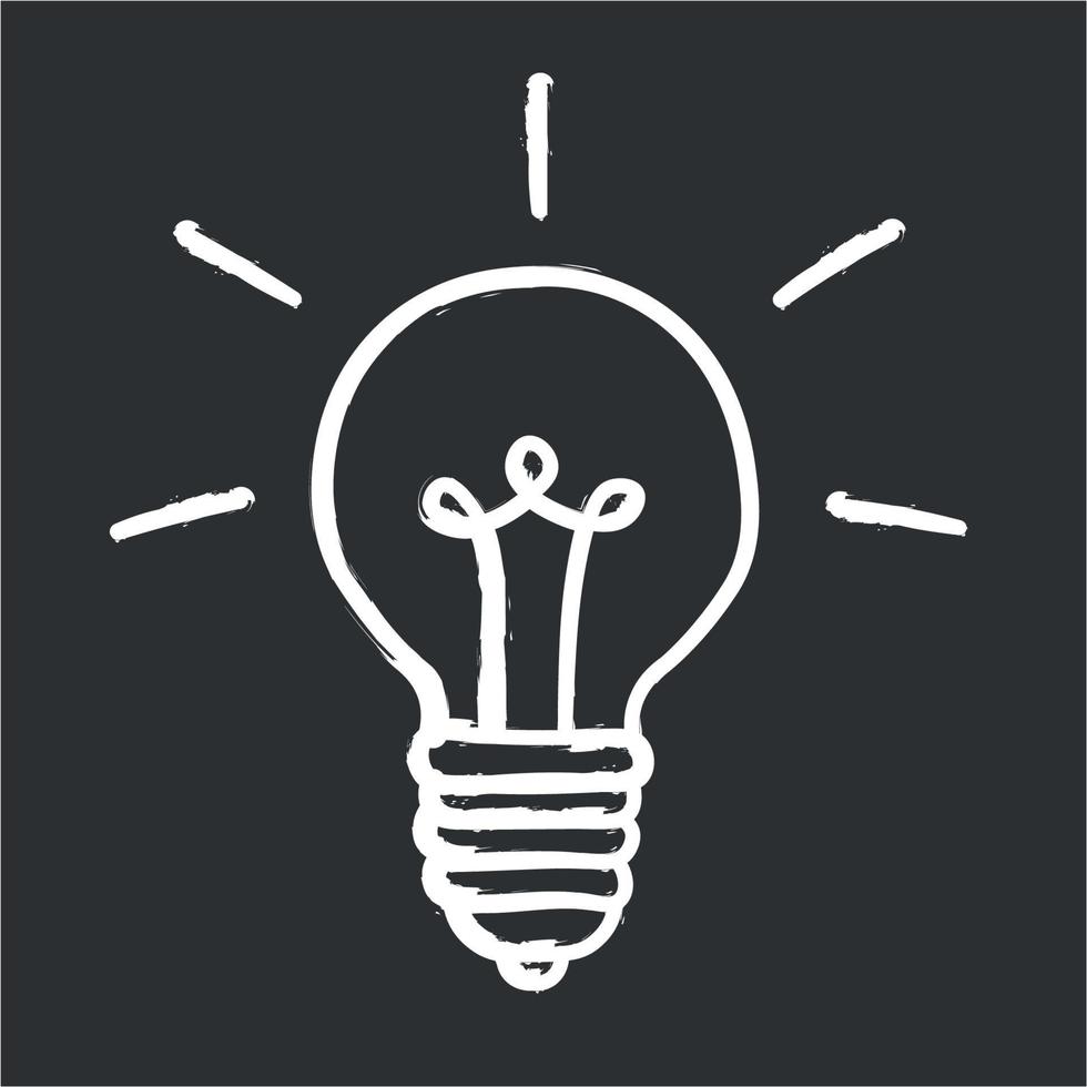 Light bulb hand drawn in white on a black background, doodle, line art, flat vector
