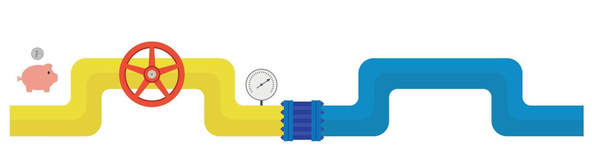 Blue-yellow gas pipe with a red valve, a manometer, a coin falls into a piggy bank, flat vector, isolated on white vector