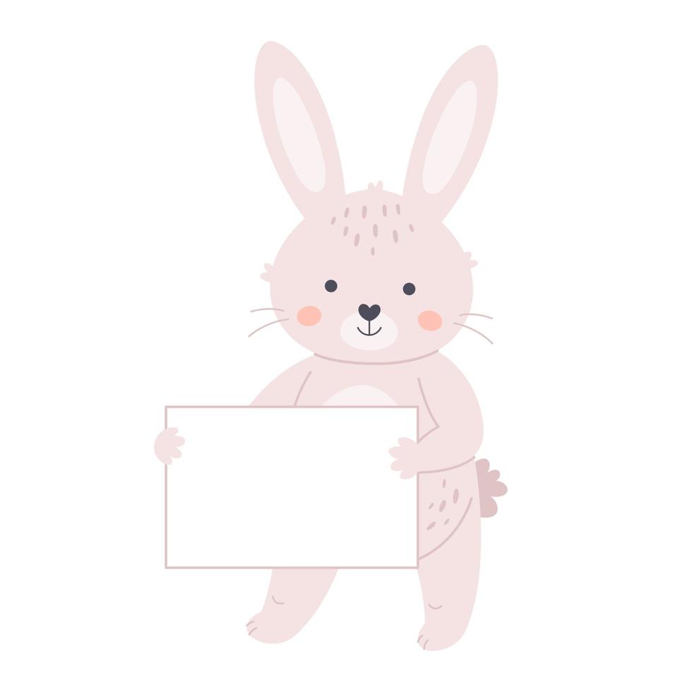 Cute white bunny holding empty banner. Rabbit with empty placard. vector