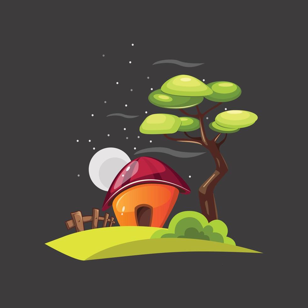 Landscape Vector Illustration with tree,House,grass,moon and black background. Beautiful village drawing scenery for your page.