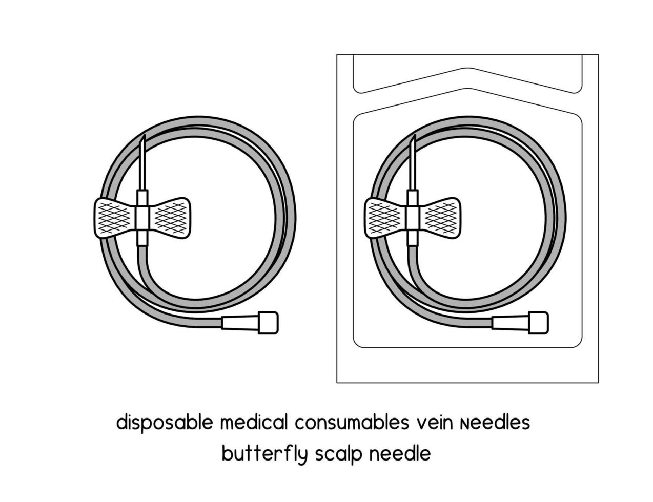 disposable medical Consumables  Vein Needles butterfly Scalp needle diagram for experiment setup lab outline vector illustration