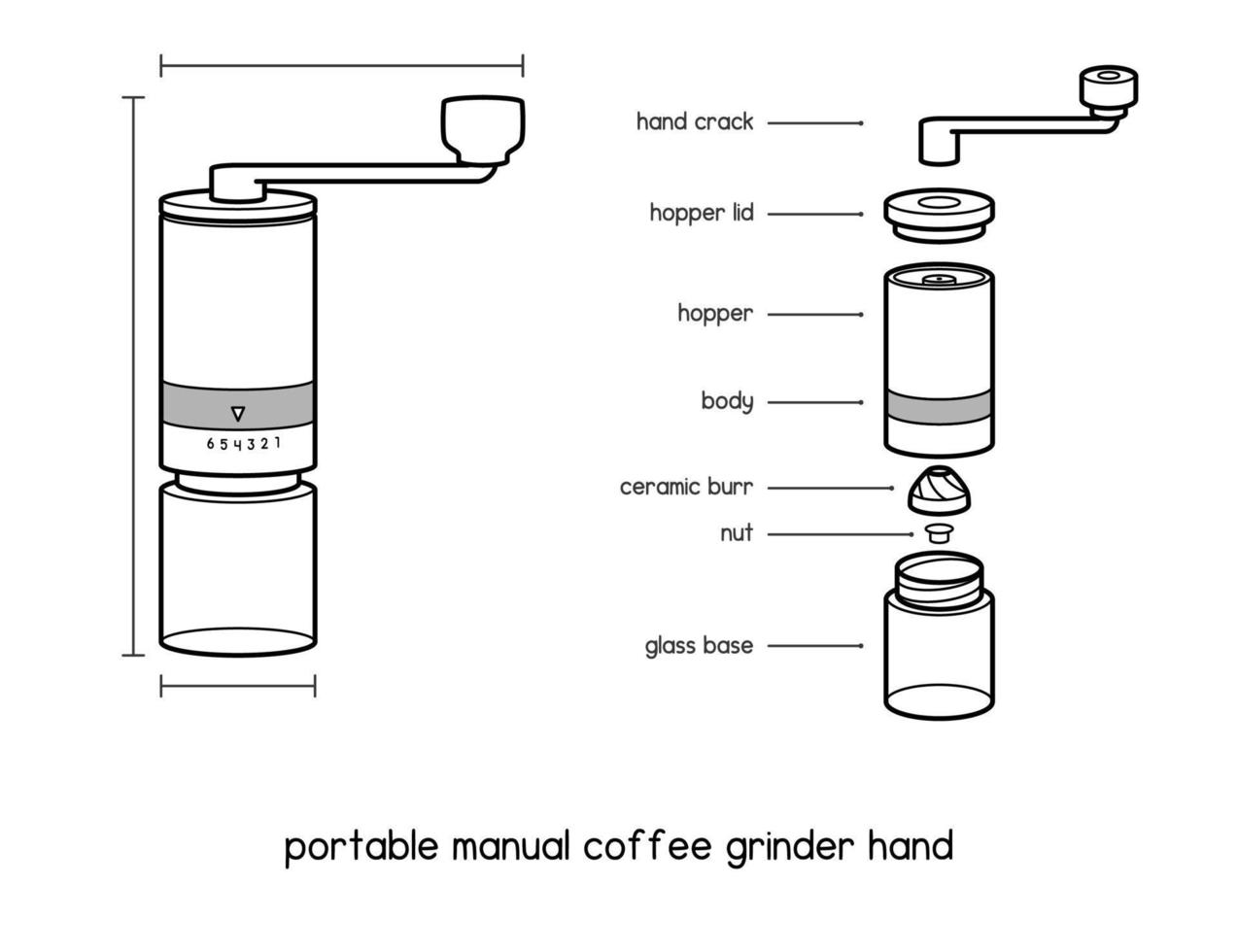 home portable manual coffee grinder hand coffee mill with ceramic burrs 6 adjustable settings portable hand crank tools diagram for setup manual outline vector illustration