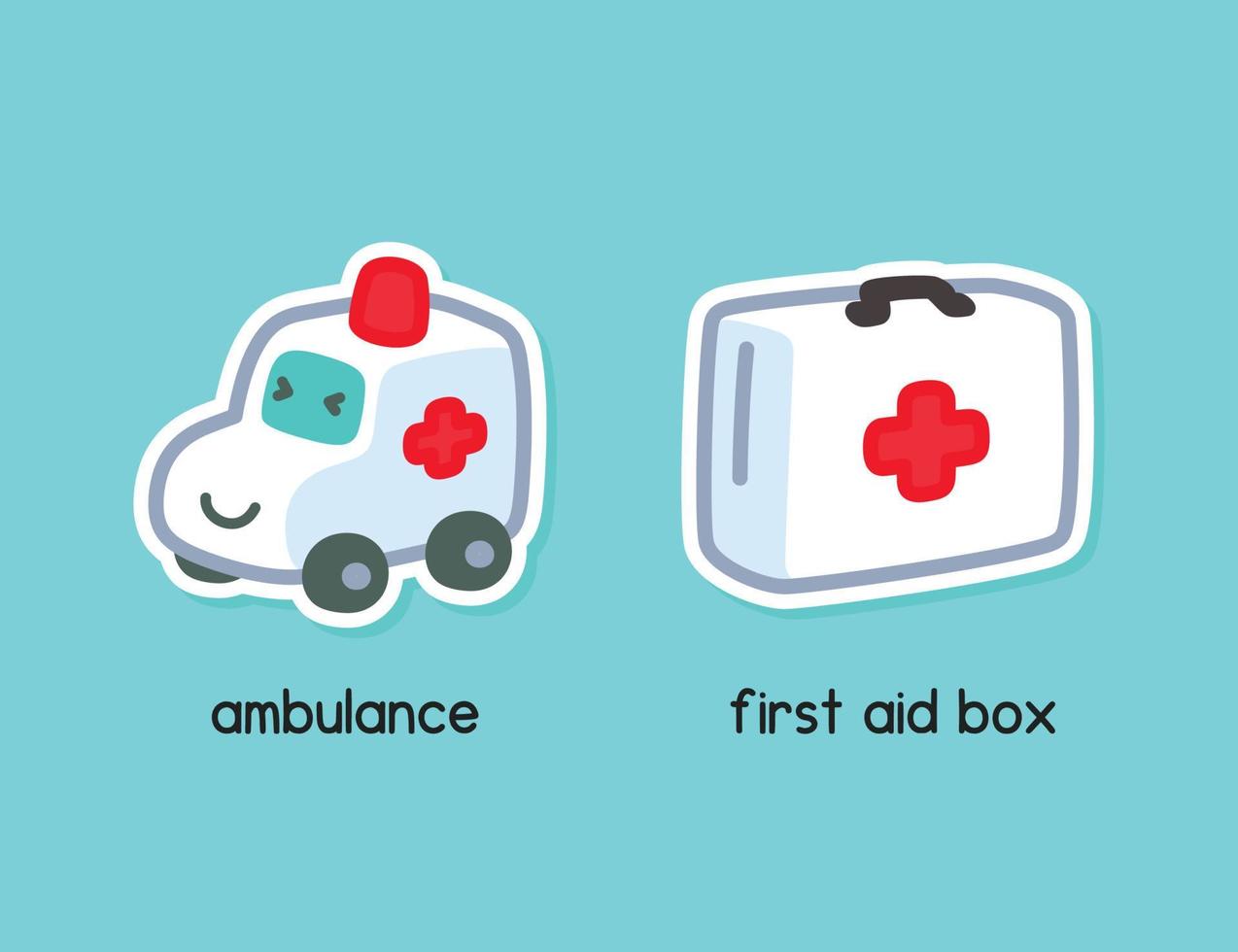 ambulancia y bolsa de primeros auxilios kawaii doodle ilustración vectorial de dibujos animados plana vector