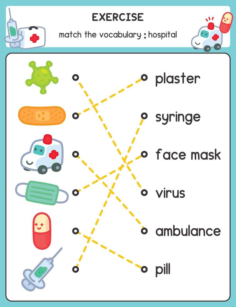 dibuje una línea que coincida con las palabras y la imagen sobre la hoja de ejercicios médicos kawaii doodle dibujos animados vectoriales vector