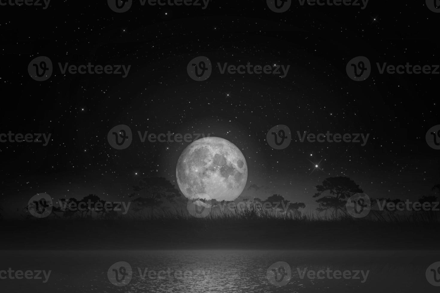 night landscape calm river and silhouette grass and tree at full moon in sky Original source from Nasa photo