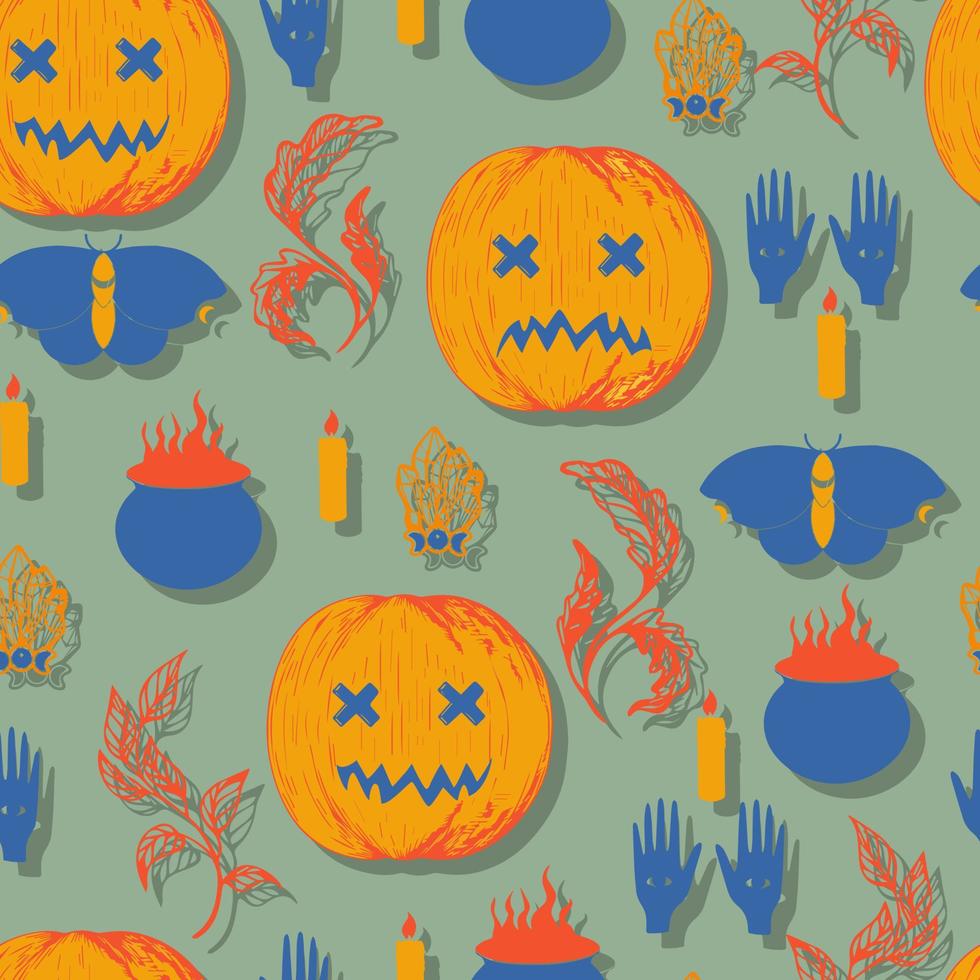 halloween vector seamless pattern. Seasonal jack o lantern with candles, crystals, witch's cauldron and divination by hand