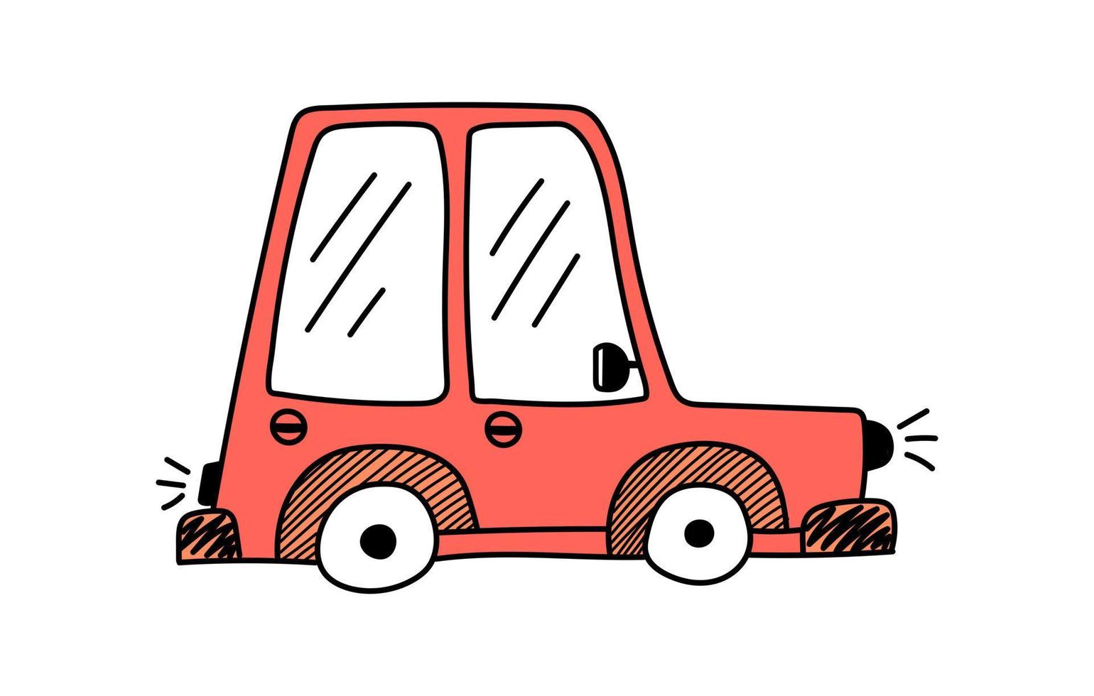 Vector cute red car in doodle style on a white background, children's illustration for postcards, posters, toys.