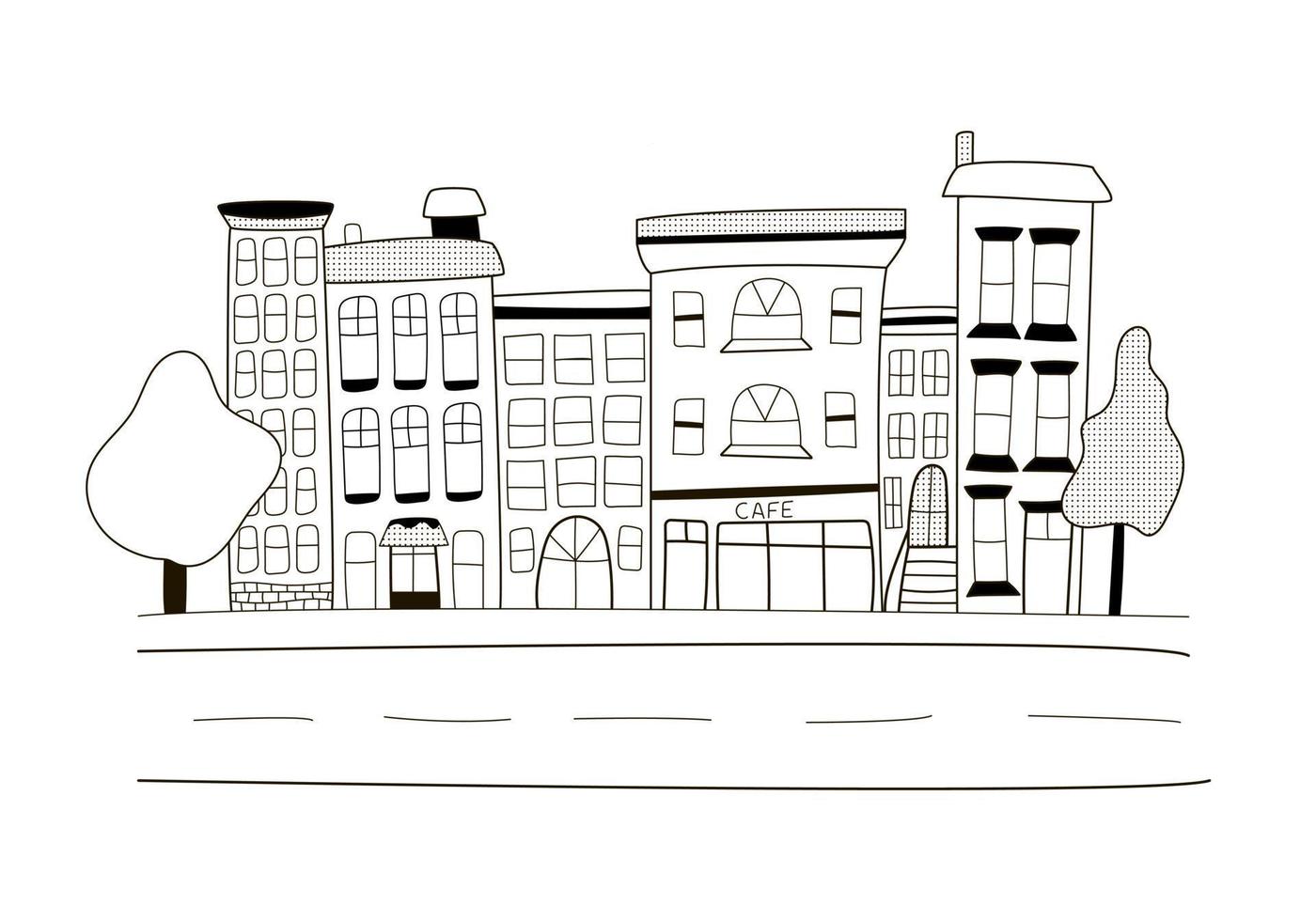 Vector children's illustration, a small town in doodle style, cute houses with a road, cafes and trees on a white background. Illustration for postcards, gifts, packaging.