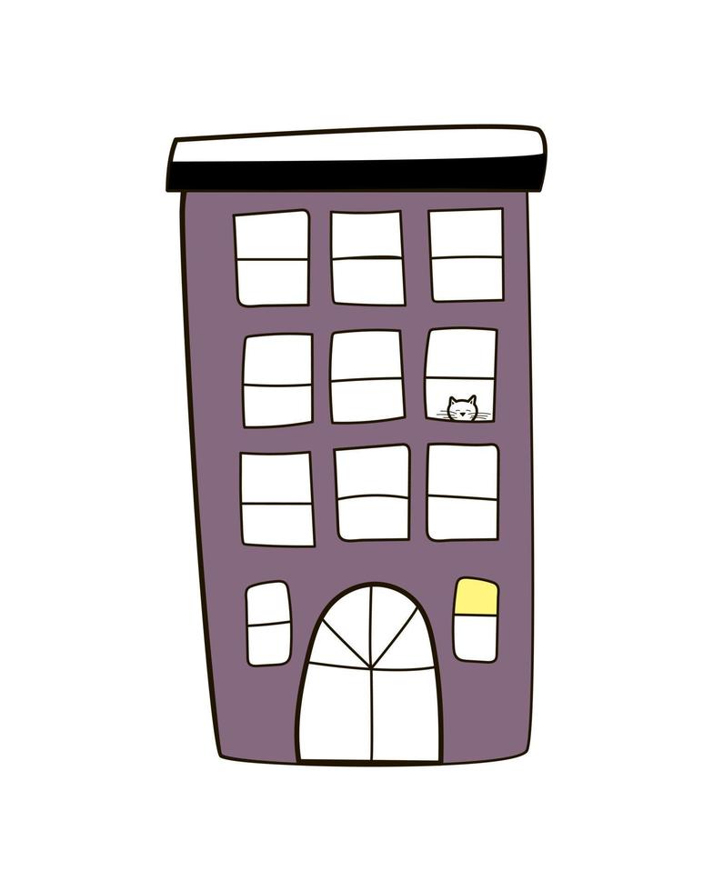 Vector cute lilac house with windows, cat in the window, doodle-style illustration. Children's illustration for T-shirt prints, postcards, posters, gifts.