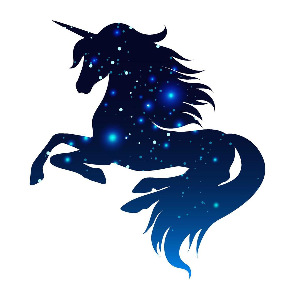 silueta de unicornio acostado. silueta azul del cielo estrellado nocturno en forma de unicornio. vector