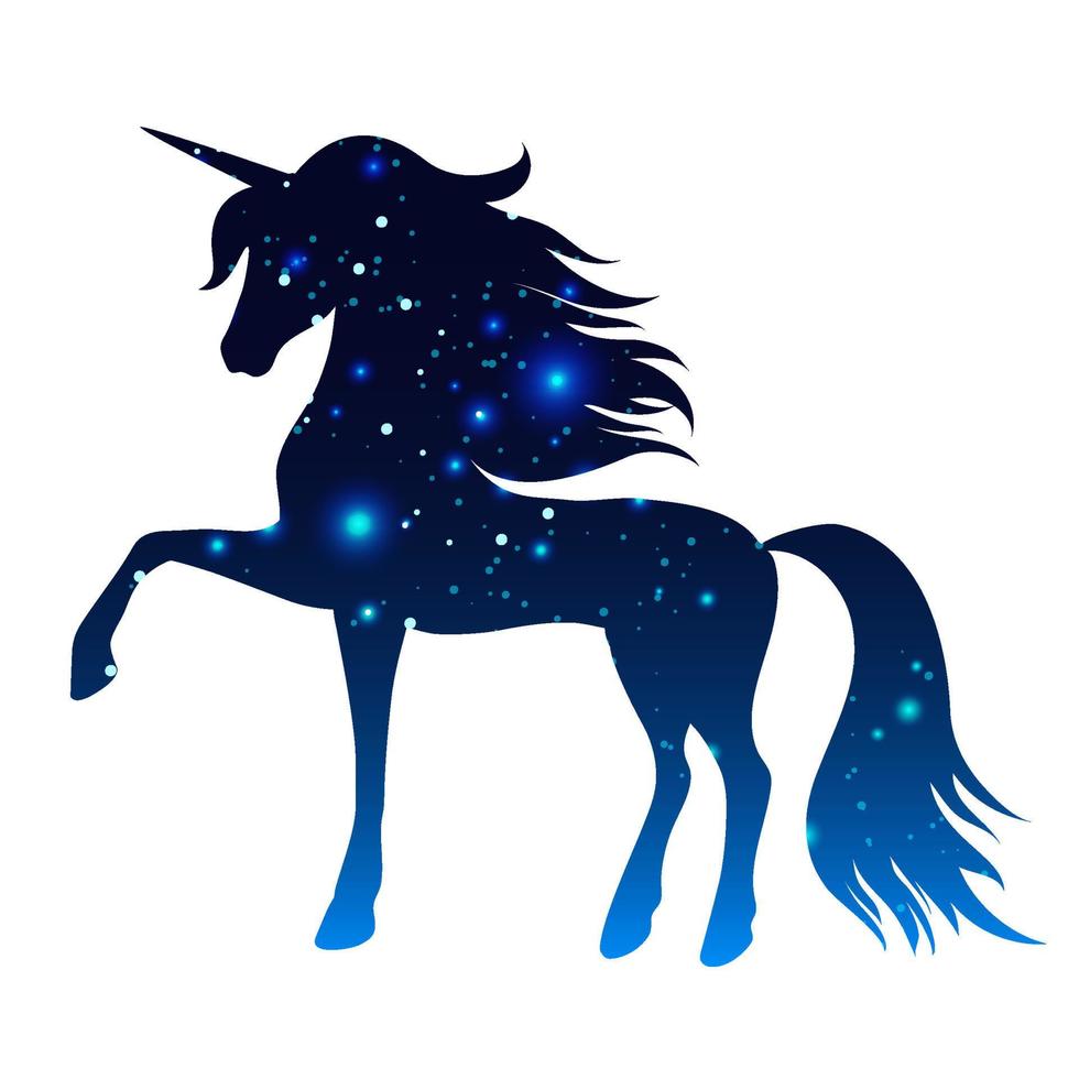silueta de un unicornio con pezuñas. silueta azul del cielo estrellado nocturno en forma de unicornio. vector